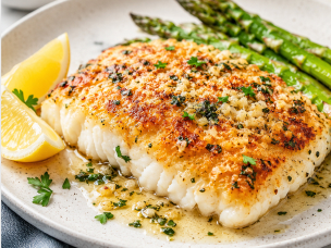 Parmesan Garlic Butter Crusted Halibut