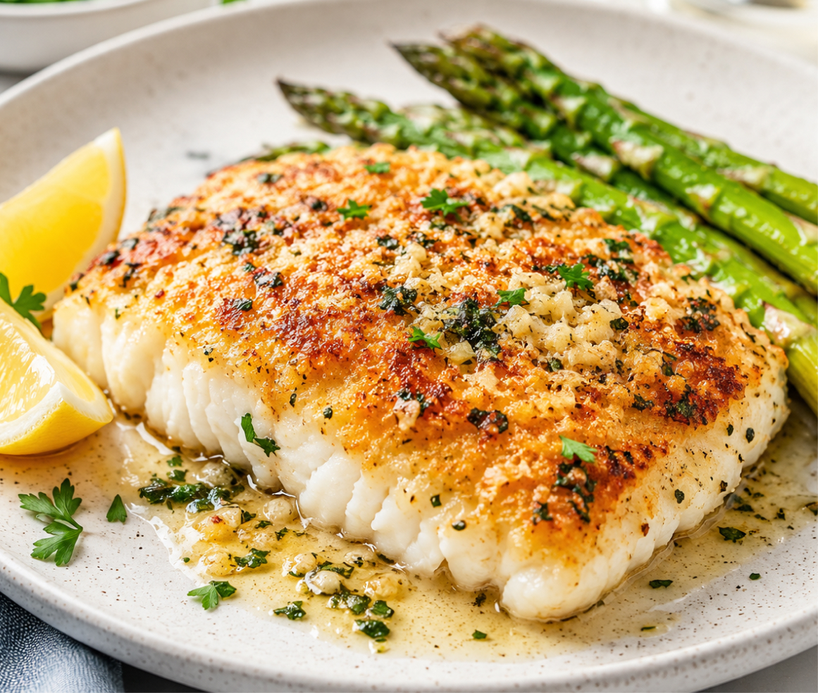 Parmesan Garlic Butter Crusted Halibut